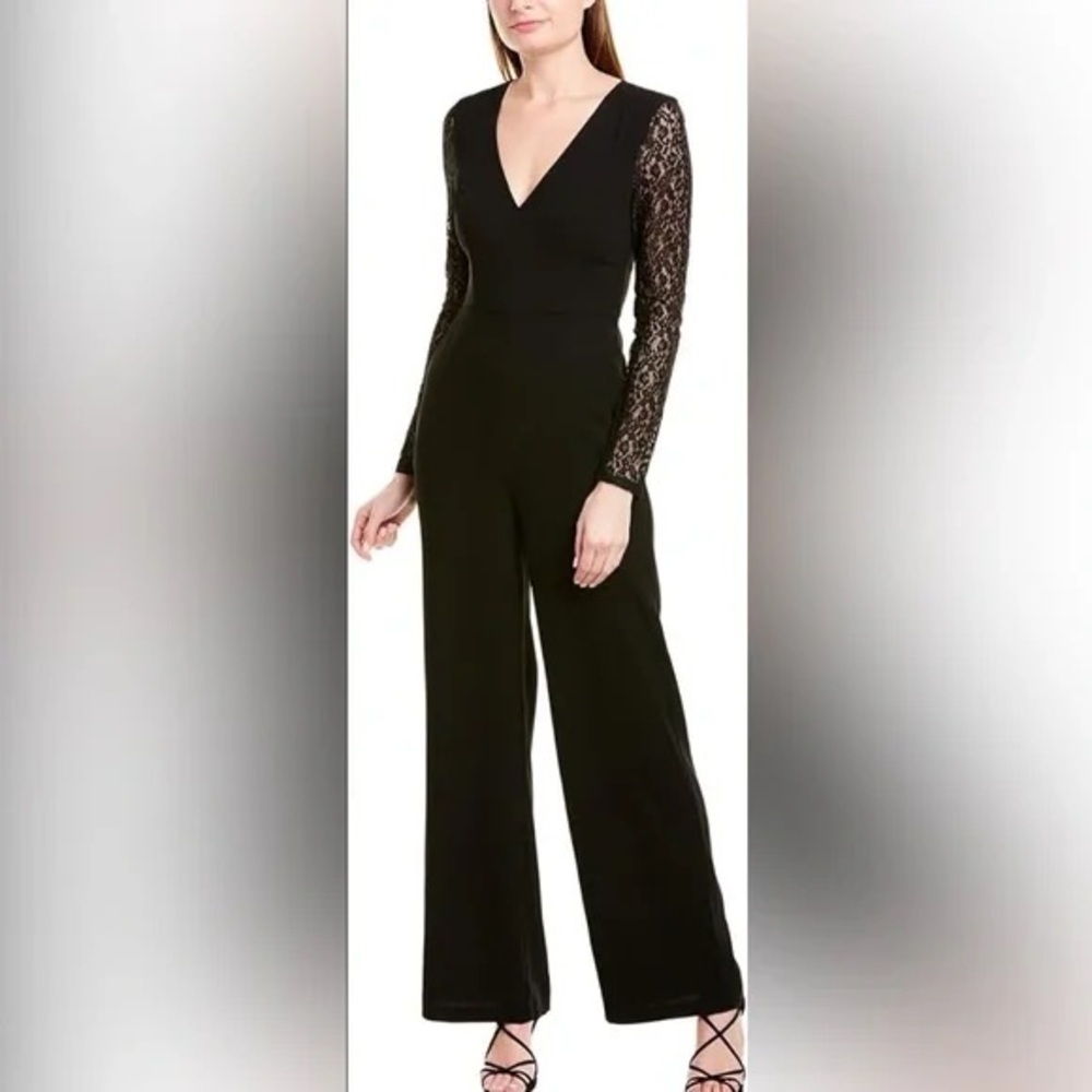 NWT BCBGMAXAZRIA Black Lace Sleeve Wide Leg Jumpsuit Size 10 Elegant Evening